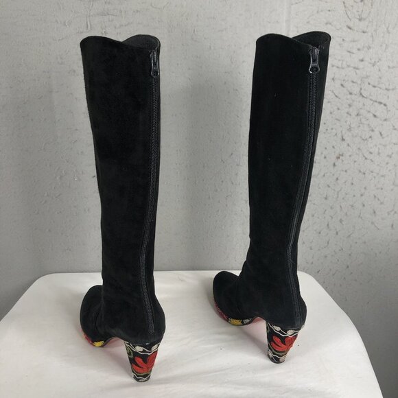 Artemis Shoes - Artemis Suede Boots Womens 8.5 Black Leather Embroidery Heels Boho Retro 70s